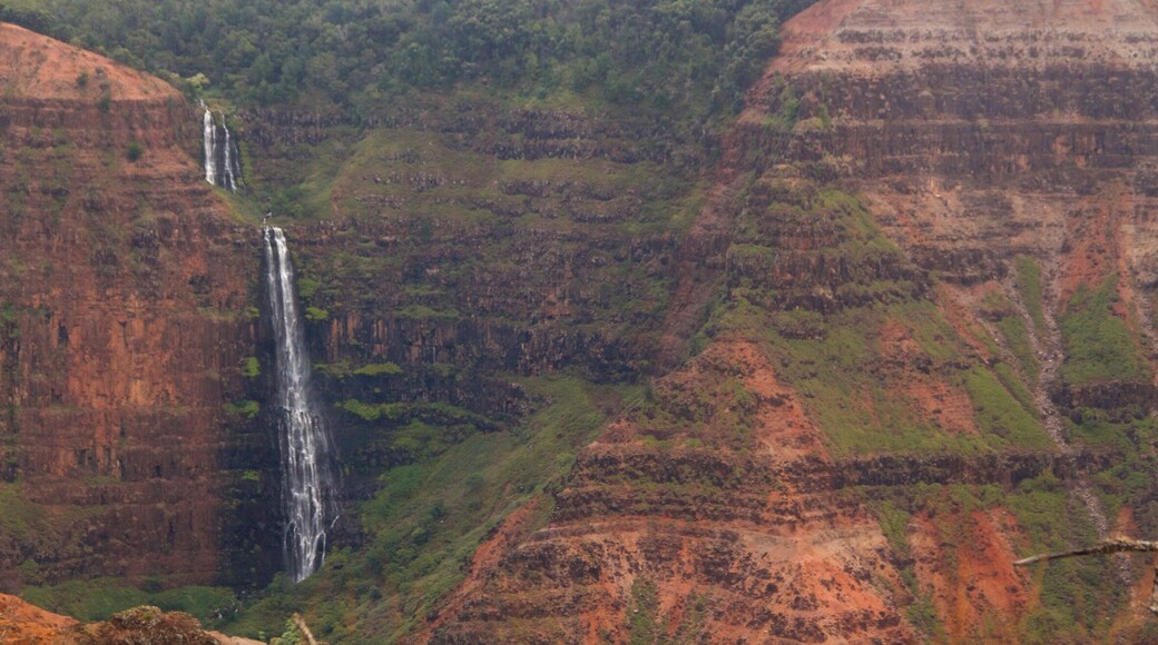 Waimea Canyon featuring a waterfall and a gorge or canyon