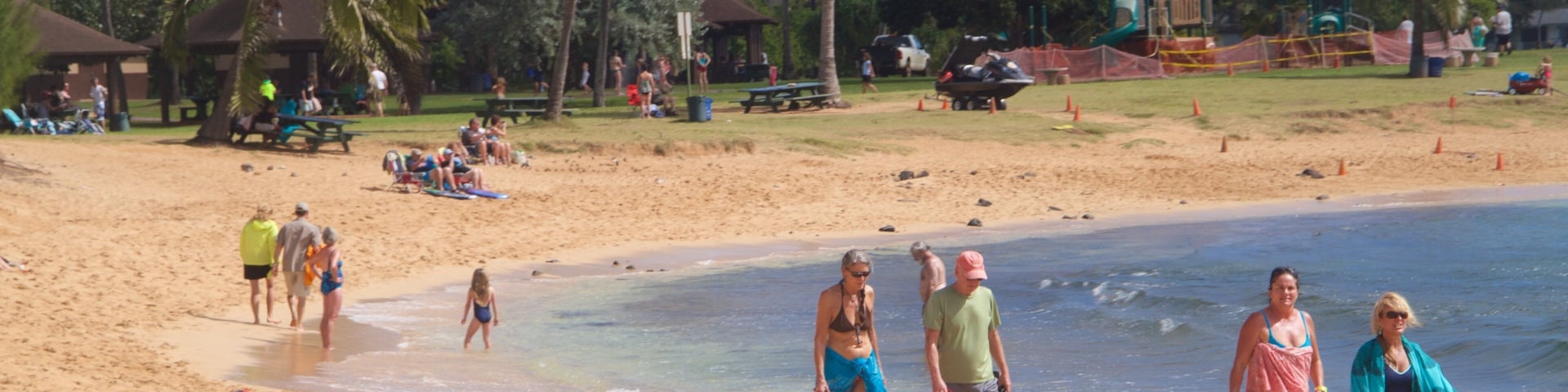 Poipu Beach featuring a sandy beach as well as a family