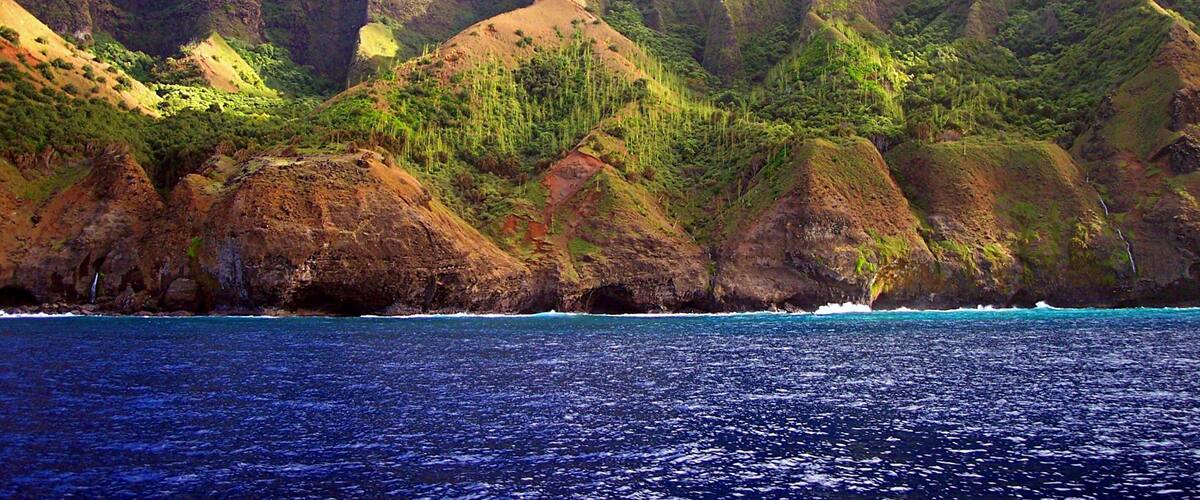 A coastal landscape with rugged cliffs, dense greenery, and a clear blue sea.