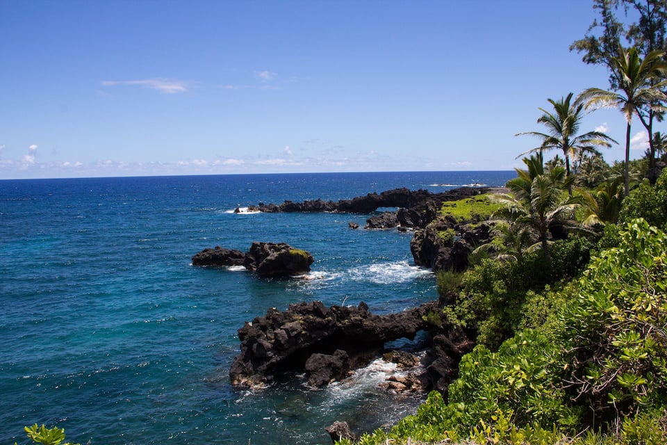 A coastal landscape with clear blue water, rocky outcrops, and lush greenery.