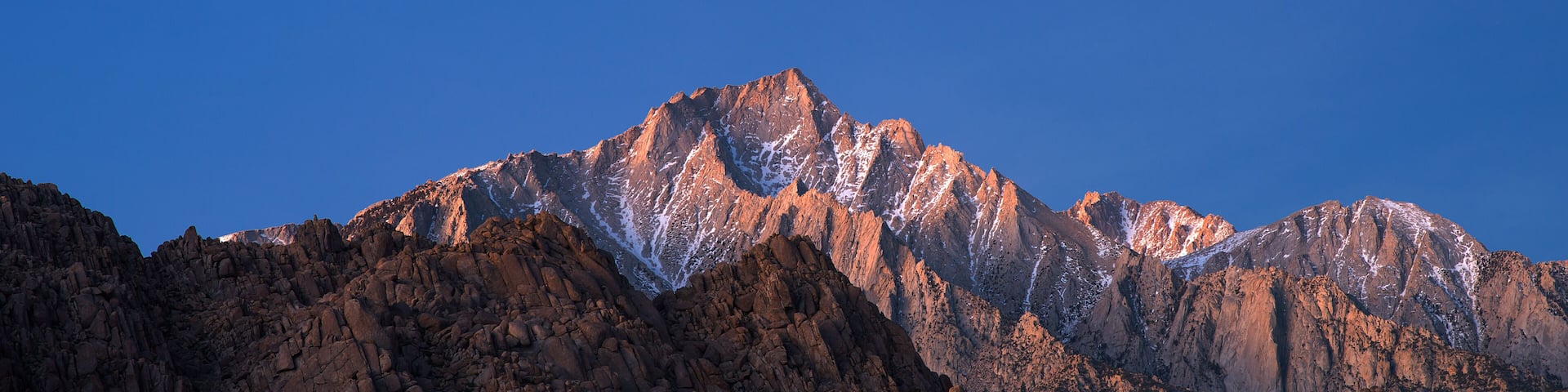 Panorama of Glowing Lone Pine Peak Sunrise, Alabama Hills, Lone Pine, California
