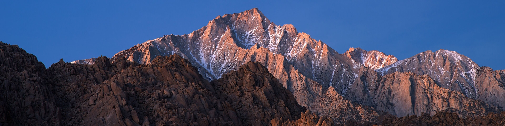Panorama of Glowing Lone Pine Peak Sunrise, Alabama Hills, Lone Pine, California