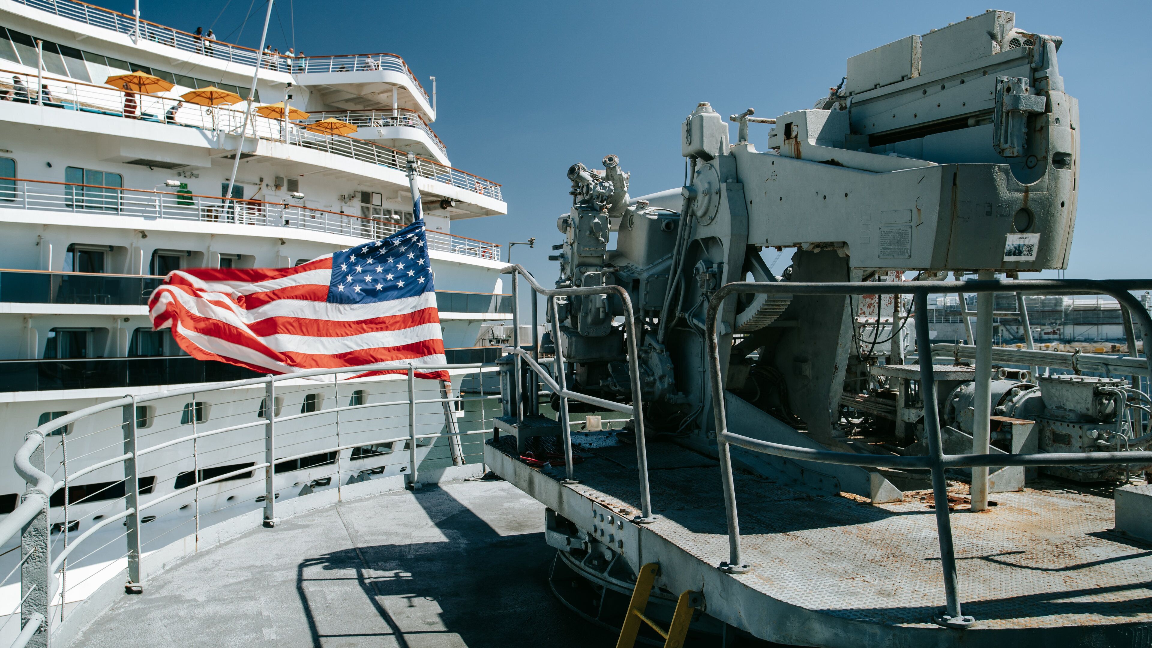 American Victory Ship Mariners Memorial Museum showing a marina and military items
