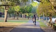 Un homme marche sur un chemin pavé dans un parc, bordé d’arbres et où sont garées des voitures.