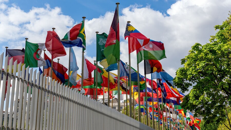 Flags fluttering in the wind in front of the UNESCO