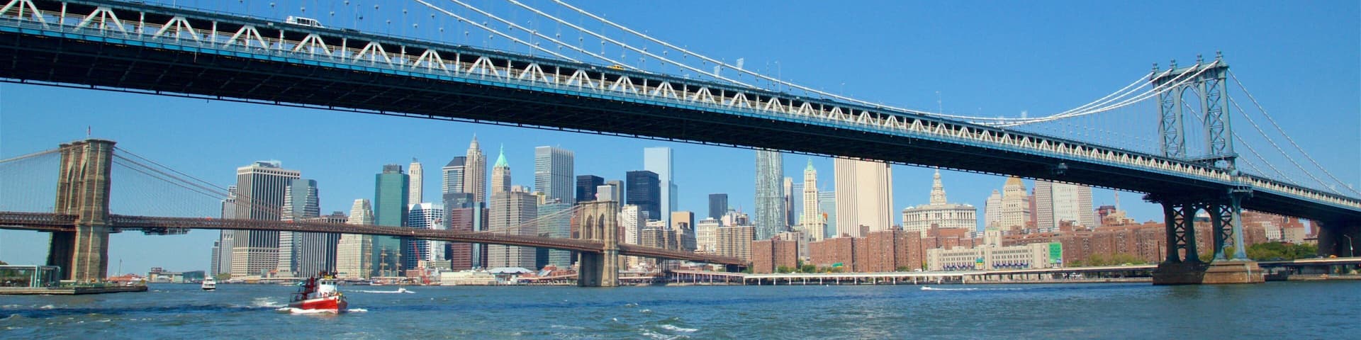 A suspension bridge over a river with a city skyline in the background.