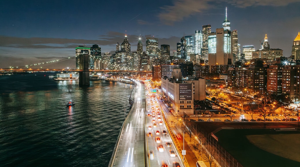 Manhattan Bridge showing a city, a river or creek and landscape views