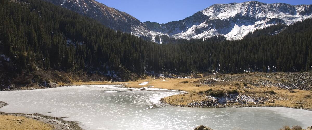 Williams lake, a frozen mountain lake in New Mexico at 13,000 ft near Taos ski resort