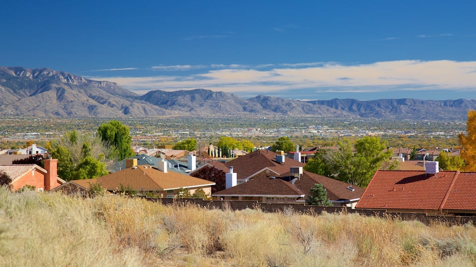 A residential area with houses, mountains, and a clear sky.