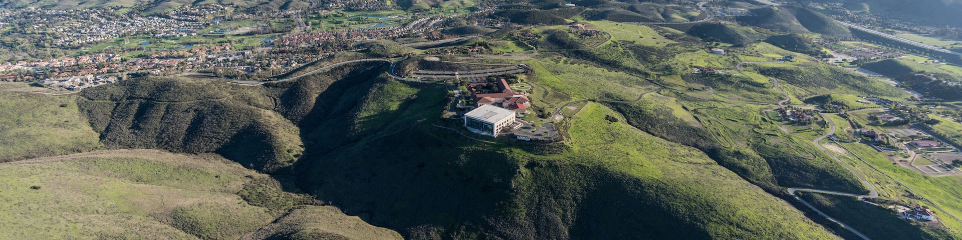 Aerial view of Simi Valley ranch lands and the Ronald Reagan Presidential Library in Ventura County California.