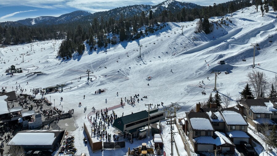Aerial view of mountain ski resort with beautiful winter landscape in Big Bear Lake