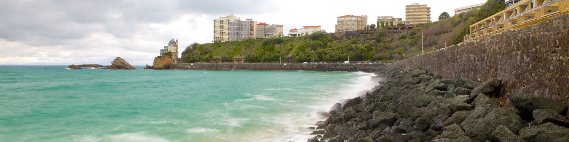 Cote des Basques showing rugged coastline and a coastal town
