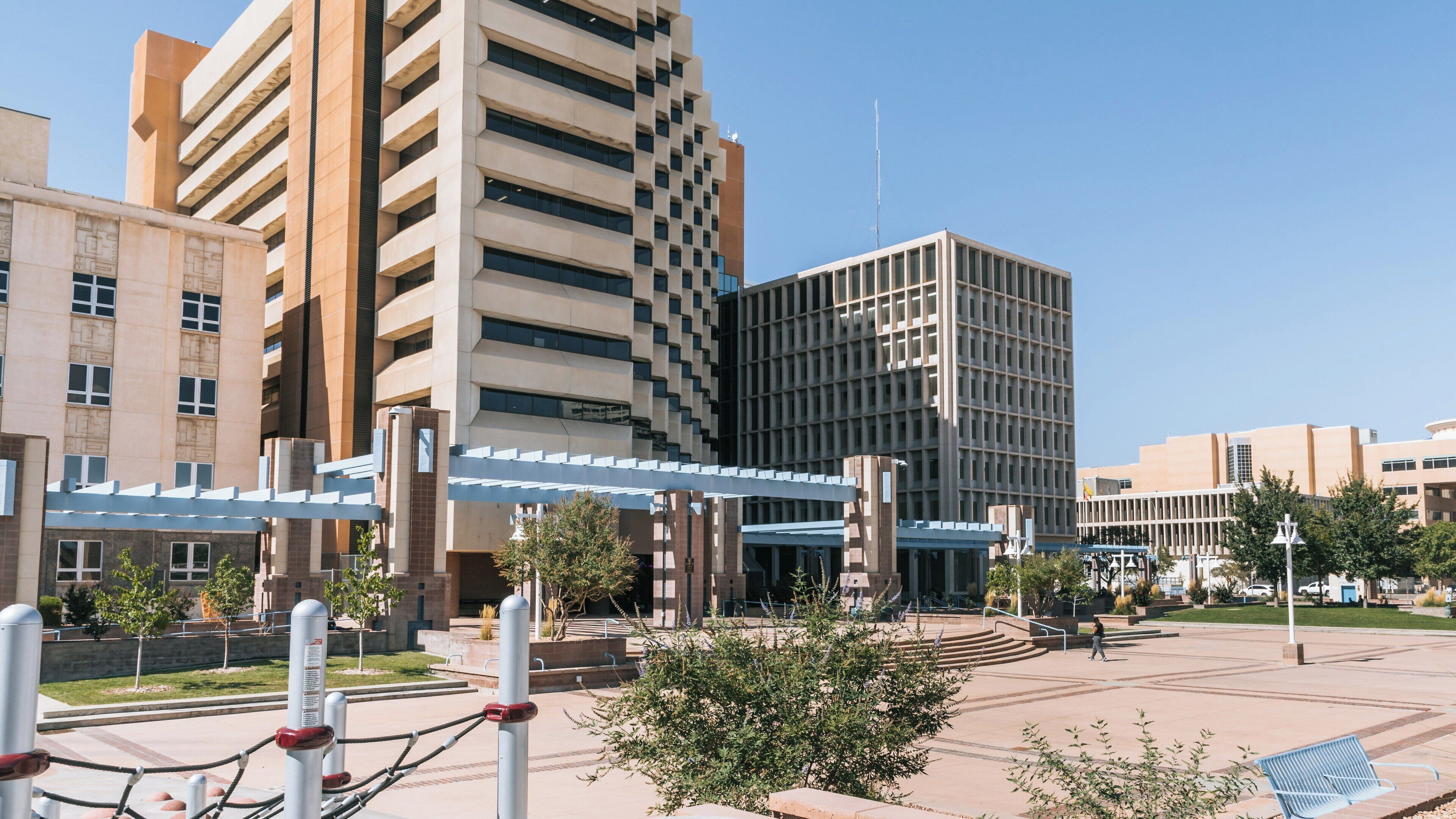 Civic Plaza in Downtown Albuquerque showcases modern architecture and public spaces with greenery