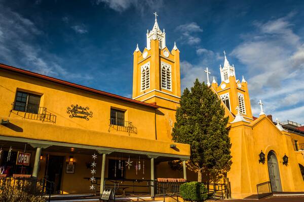 Evening light on San Felipe Neri Church, in Old Town, Albuquerq