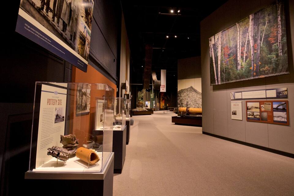 An indoor museum exhibit with historical artifacts, informational displays, and a large forest mural.