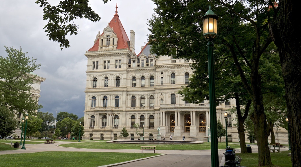 New York State Capitol Building showing heritage architecture and a garden