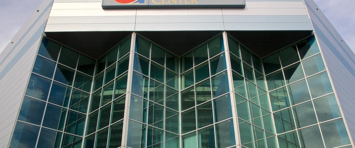 MVP Arena which includes modern architecture and signage