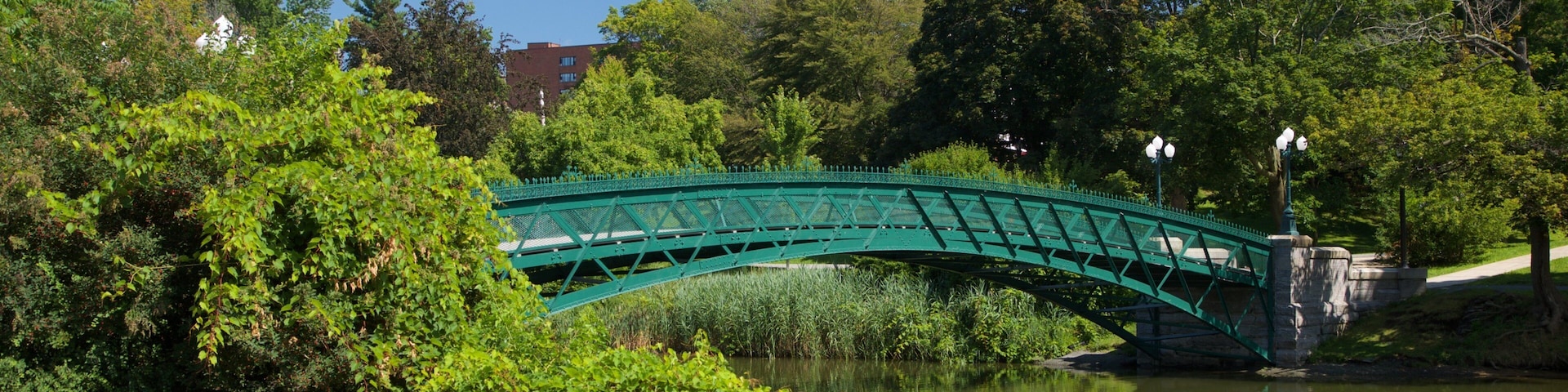 Washington Park which includes a bridge and a river or creek