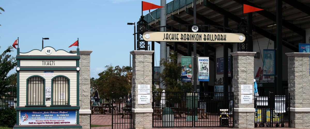 B4FW4R Entrance and ticket booth at the Jackie Robinson Ballpark located at City Island in Daytona Beach, FL.