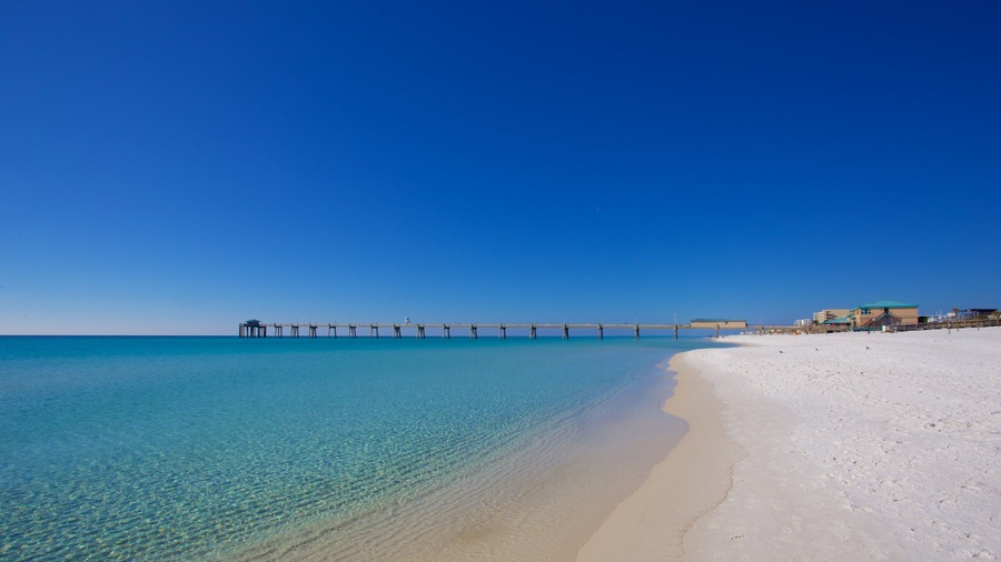 Okaloosa Island which includes a sandy beach