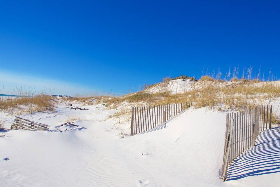 A sandy beach with dunes and a wooden fence.