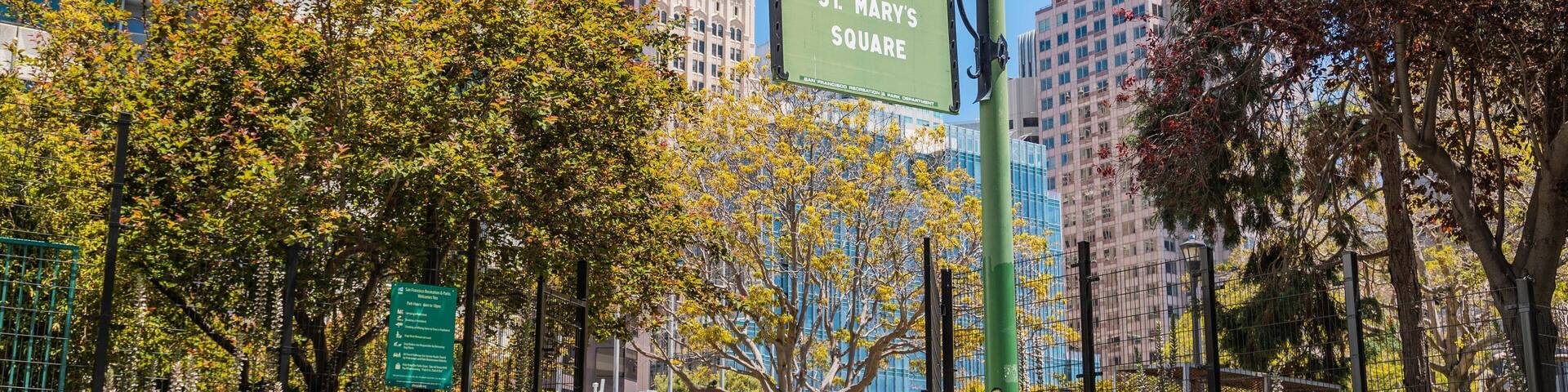 A staircase leading to St. Mary's Square with surrounding trees and buildings.