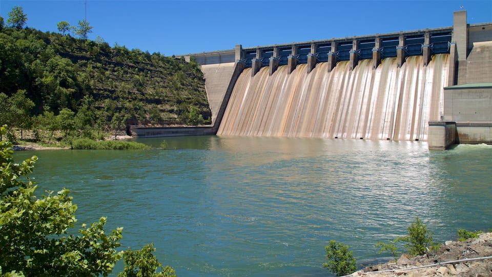 A large dam with water flowing over its spillway, surrounded by a forested hillside.