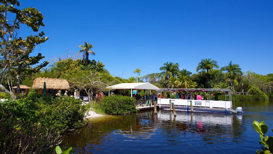 A boat docked at a waterfront with a thatched-roof structure and lush greenery in the background.