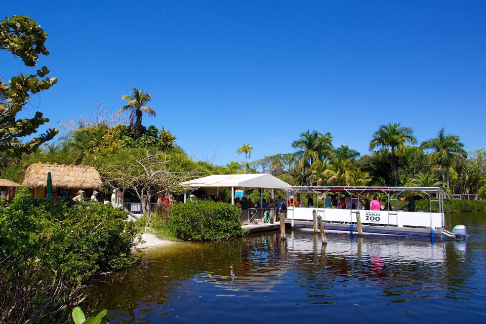 A boat docked at a waterfront with a thatched-roof structure and lush greenery in the background.