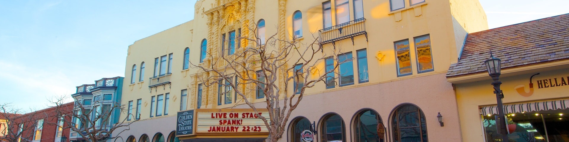 Golden State Theatre showing theater scenes and a city
