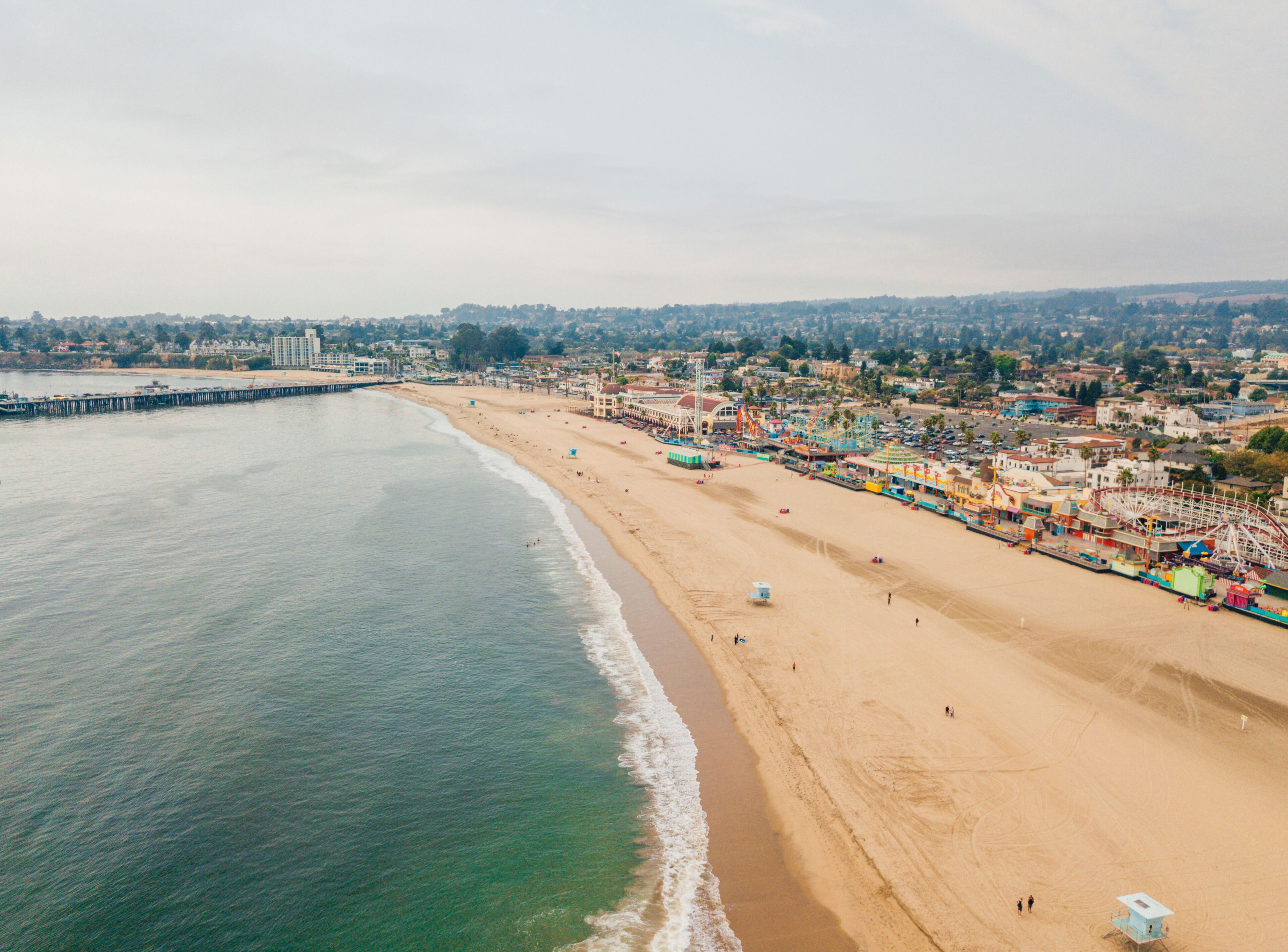 Aerial view of the Santa Cruz beach and the amusement park in California
