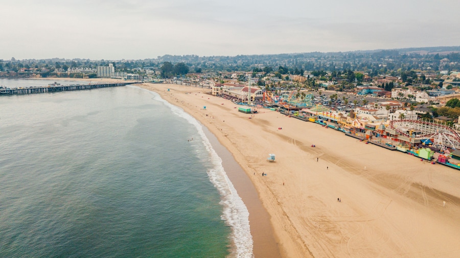 Aerial view of the Santa Cruz beach and the amusement park in California