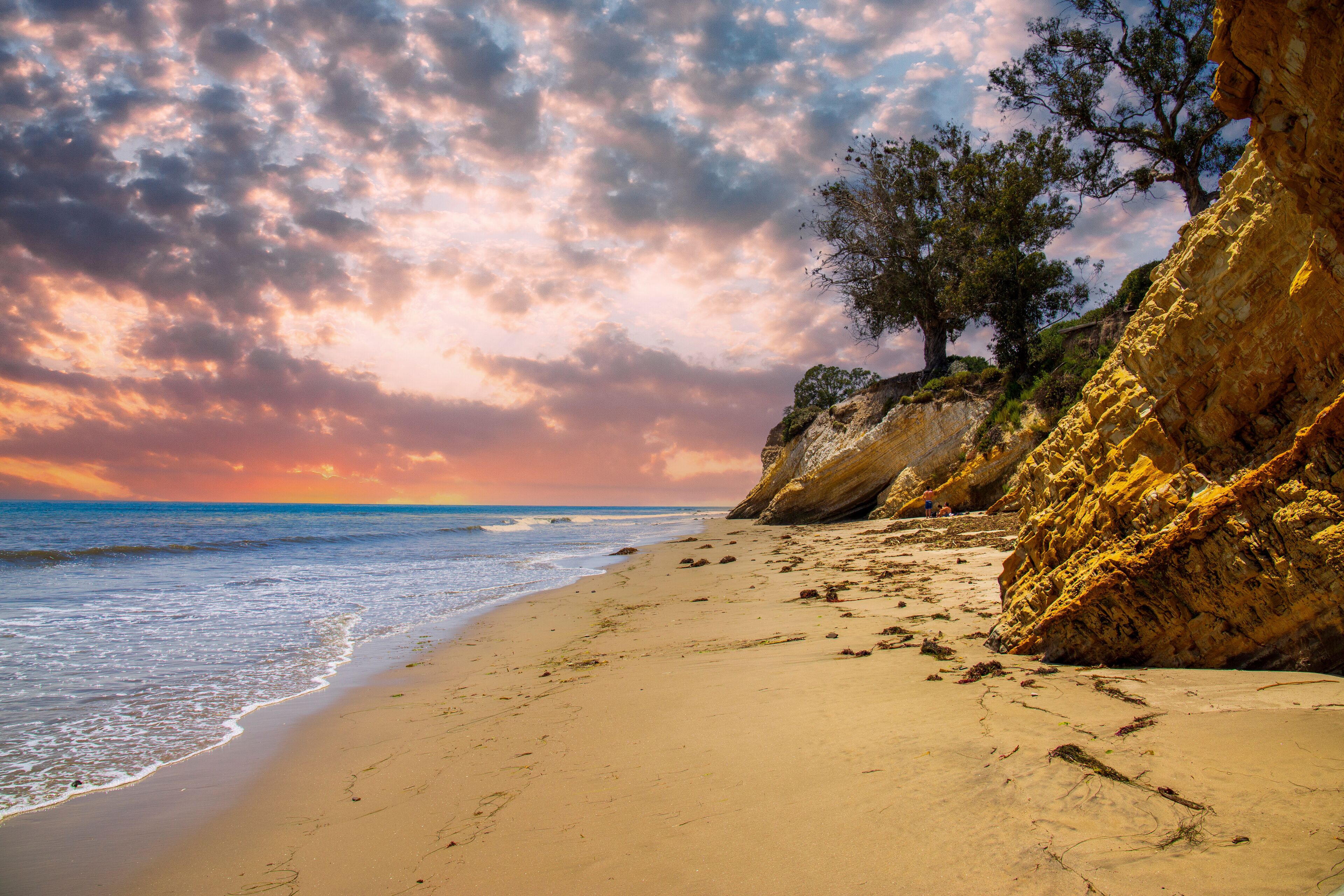 a gorgeous summer landscape at the beach with brown cliffs covered in lush green trees and plants and deep blue ocean water, powerful clouds at sunset at Leadbetter beach in Santa Barbara California