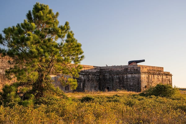 A historic fort with a cannon, surrounded by grass and a pine tree.