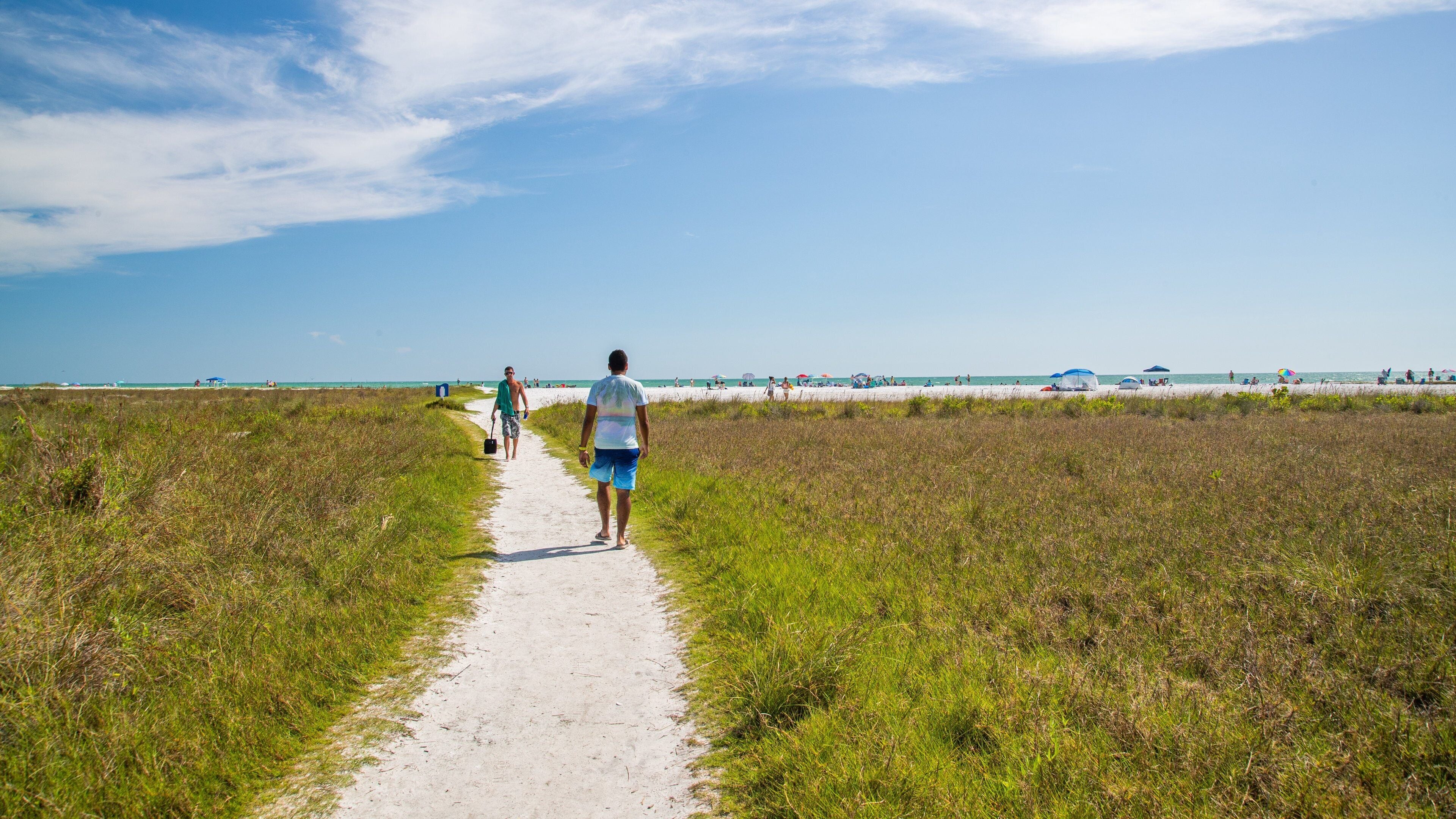 Siesta Key Beach featuring a sandy beach as well as an individual male