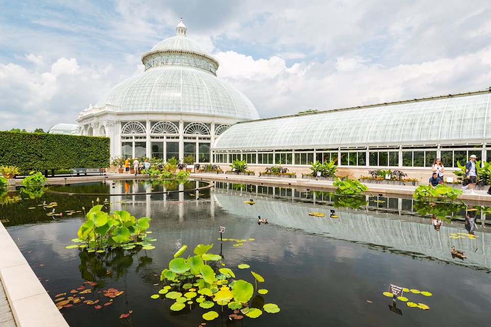 Un grand bâtiment surmonté d’une coupole de verre, avec un bassin devant, entouré de plantes en pot et de personnes qui se promènent.