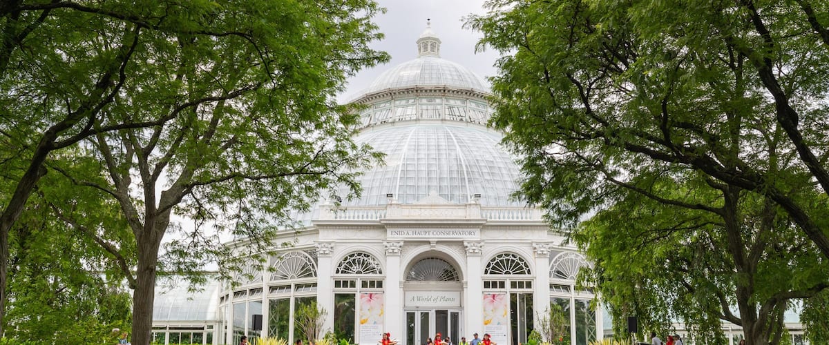 New York Botanical Gardens showing a garden as well as a large group of people