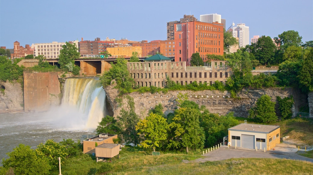 Genesee River\'s High Falls featuring a waterfall and a city