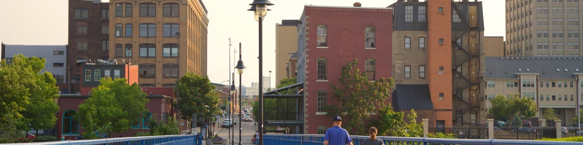 Genesee River\'s High Falls which includes a city and street scenes as well as a couple