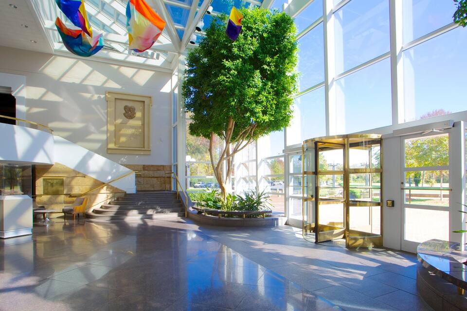 A spacious atrium with a large glass ceiling, a central tree, and a staircase leading to upper levels.