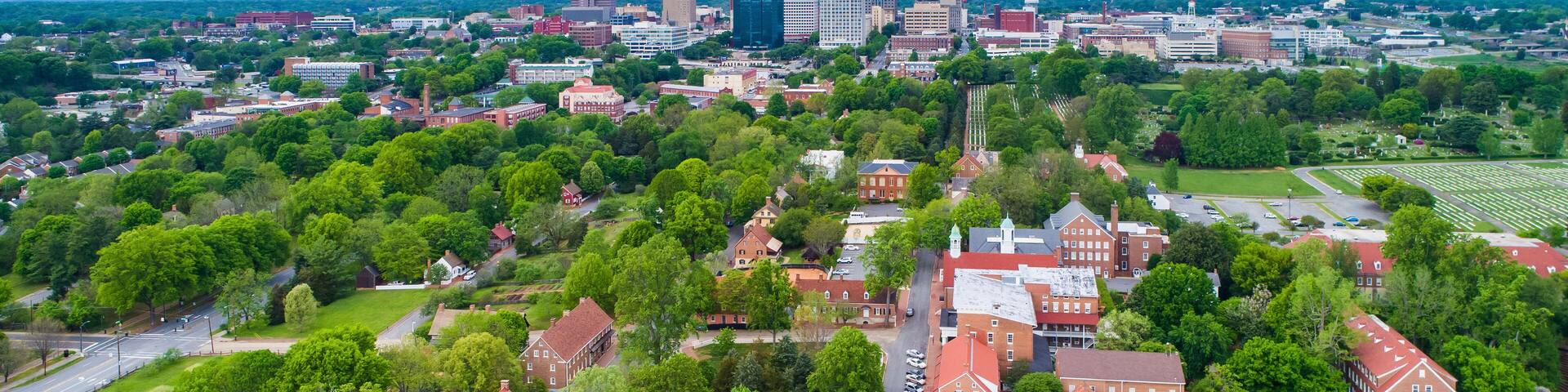 View of Old Salem and downtown Winston-Salem, North Carolina.