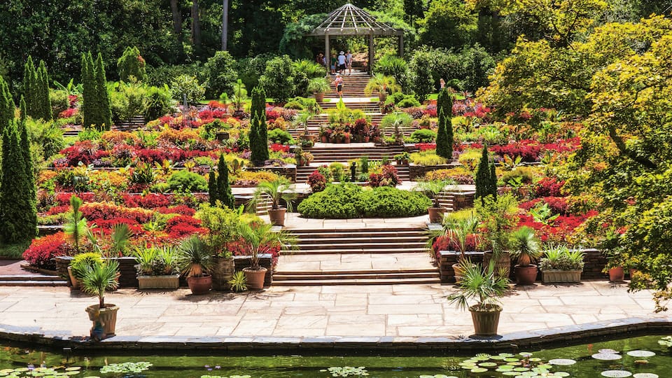 A garden with a gazebo, a pond with lily pads, and various colorful plants.
