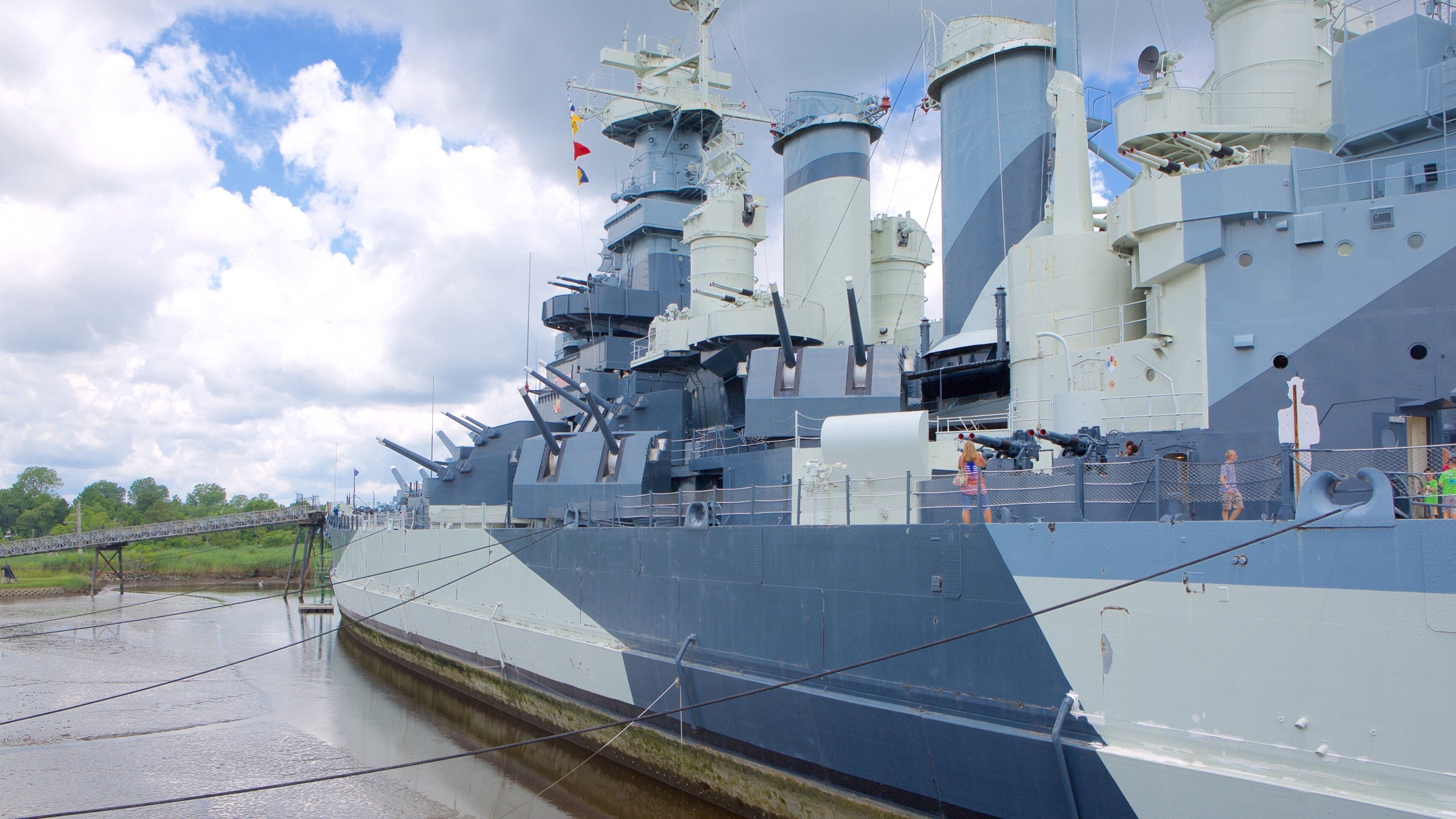 Battleship North Carolina featuring heritage elements as well as a small group of people