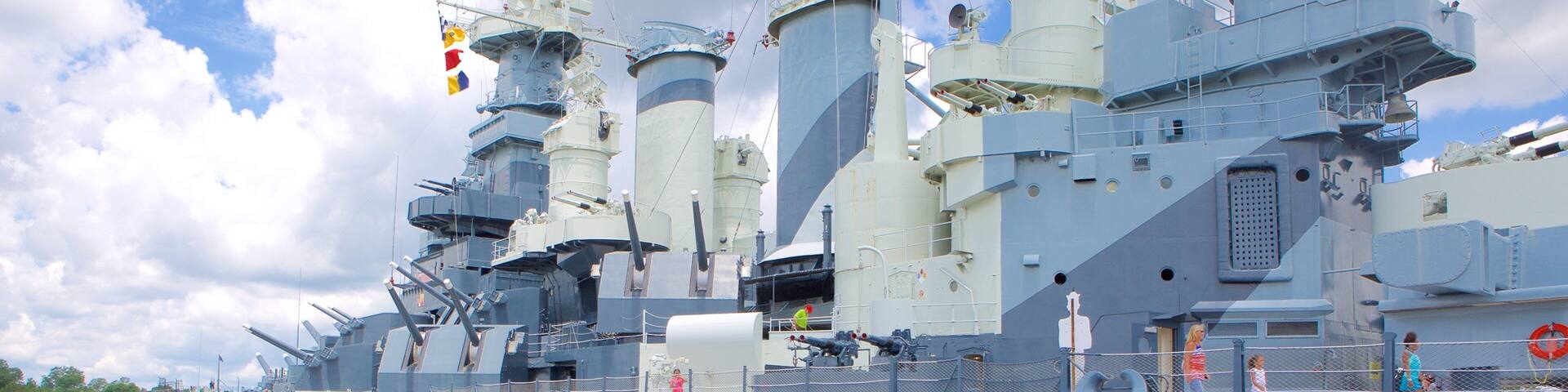 Battleship Carolina del Norte mostrando elementos del patrimonio y también un pequeño grupo de personas