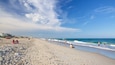 Une plage de sable où des gens se prélassent au soleil et se baignent, une jetée visible au loin et un ciel bleu dégagé.
