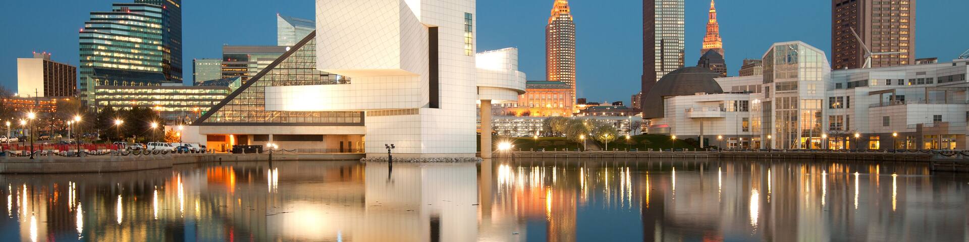 City skyline at dusk from the harbor of Cleveland in the United States
