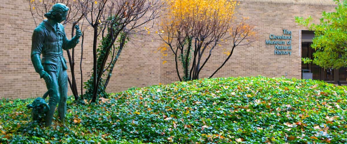 Cleveland Museum of Natural History showing a garden and a statue or sculpture