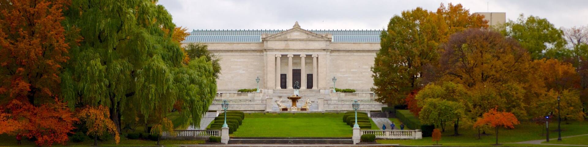 Cleveland Museum of Art which includes a pond, autumn leaves and heritage architecture