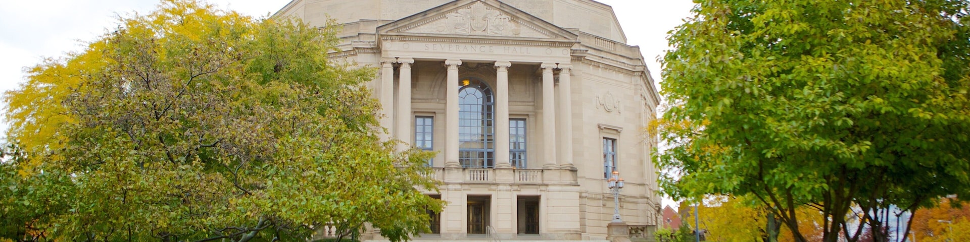 Severance Hall showing heritage architecture and an administrative buidling
