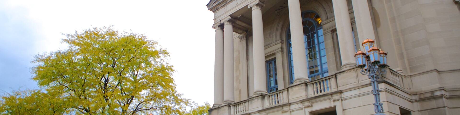 Severance Hall featuring heritage architecture and an administrative buidling